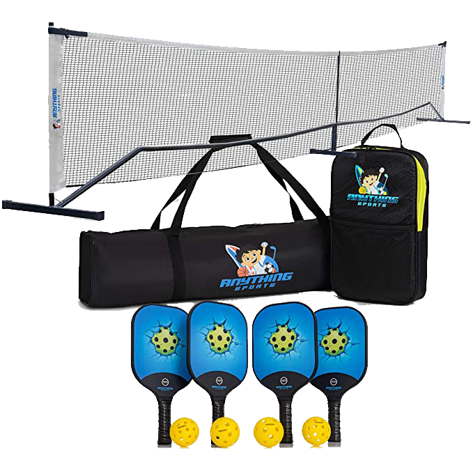 Pickleball Set with 4 paddles, balls, a net, and 2 equipment bags