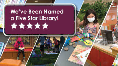 Text promoting 5 star library over images from the library.