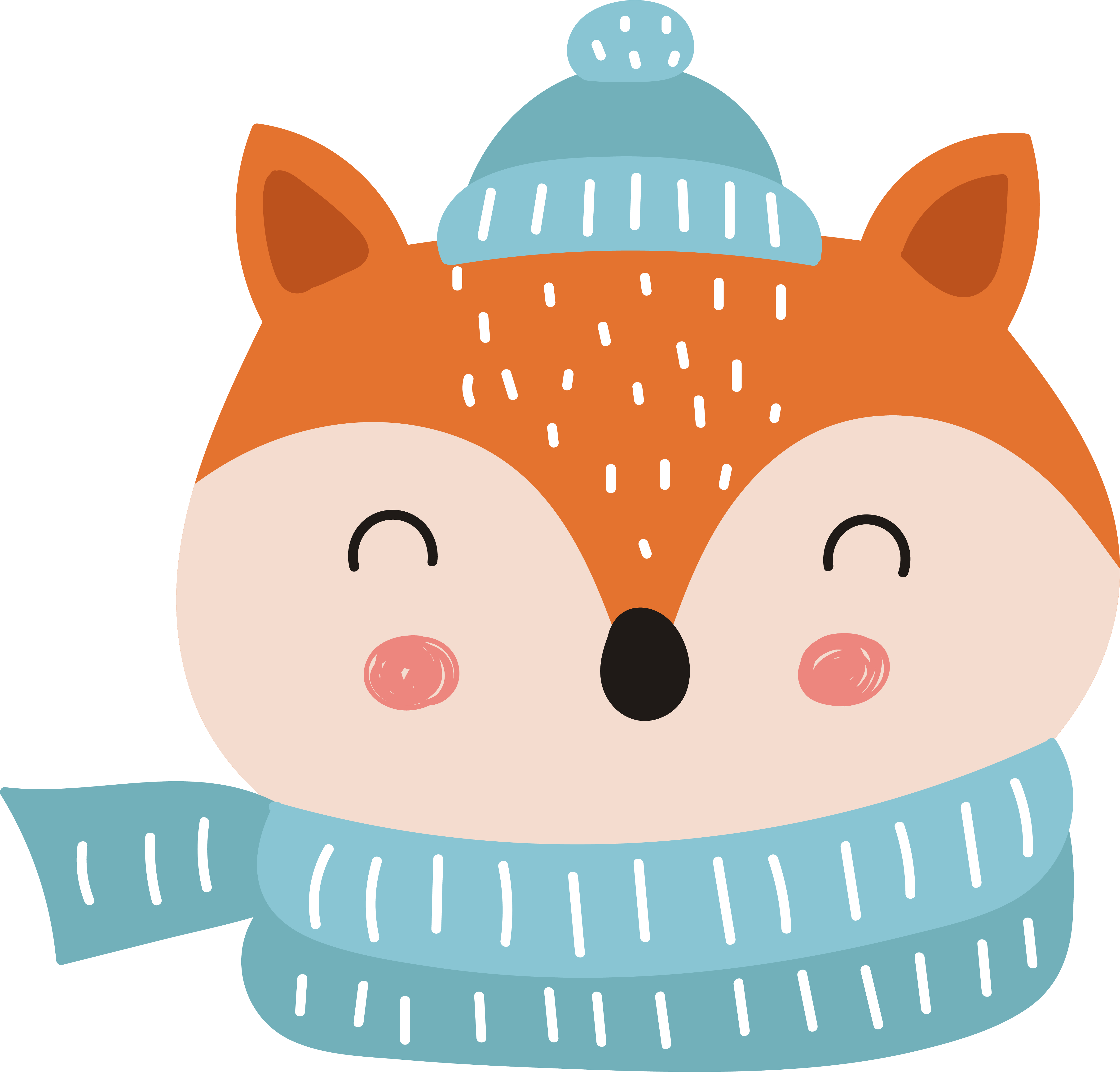 Image of cartoon fox wearing aqua scarf and hat.