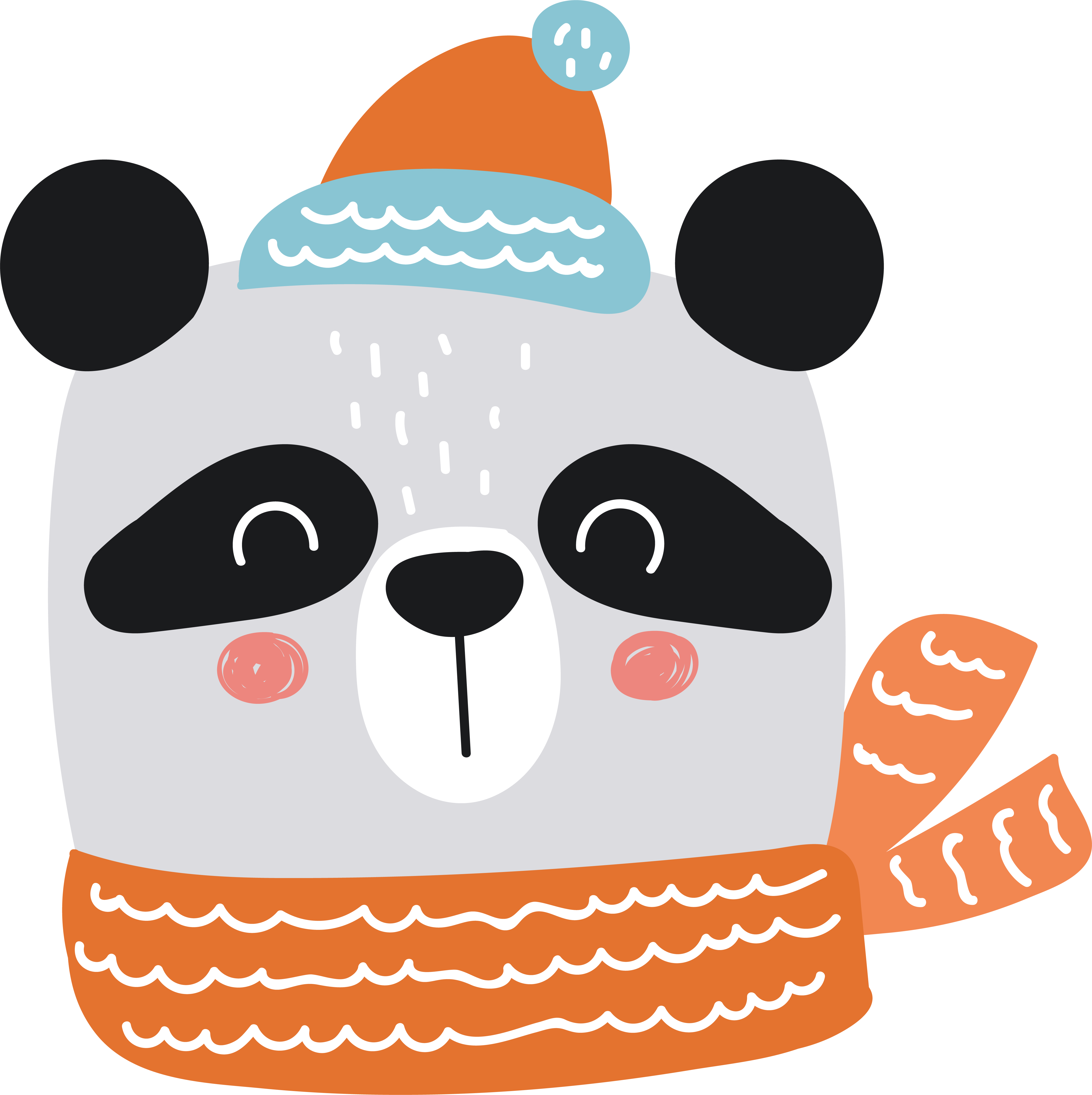 Image of a cartoon panda wearing an orange scarf and hat.