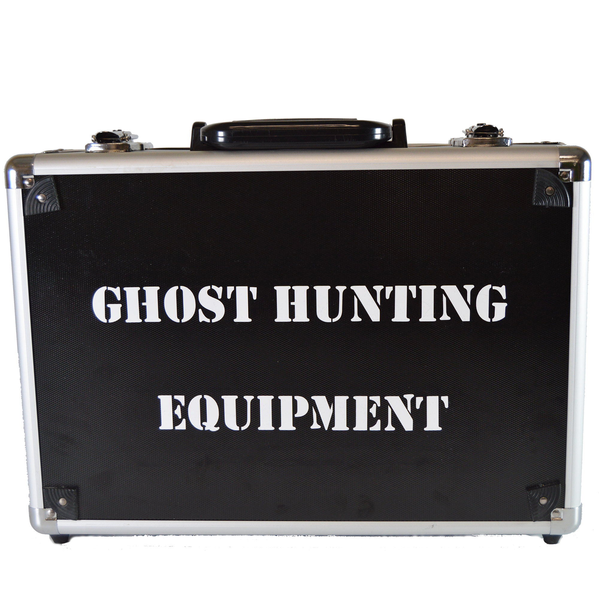 Image of a black and chrome case with the words "Ghost Hunting Equipment" written on it.