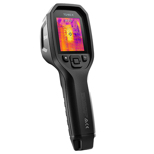 FLIR thermal camera device with a screen showing yellows and reds to indicate temperature.