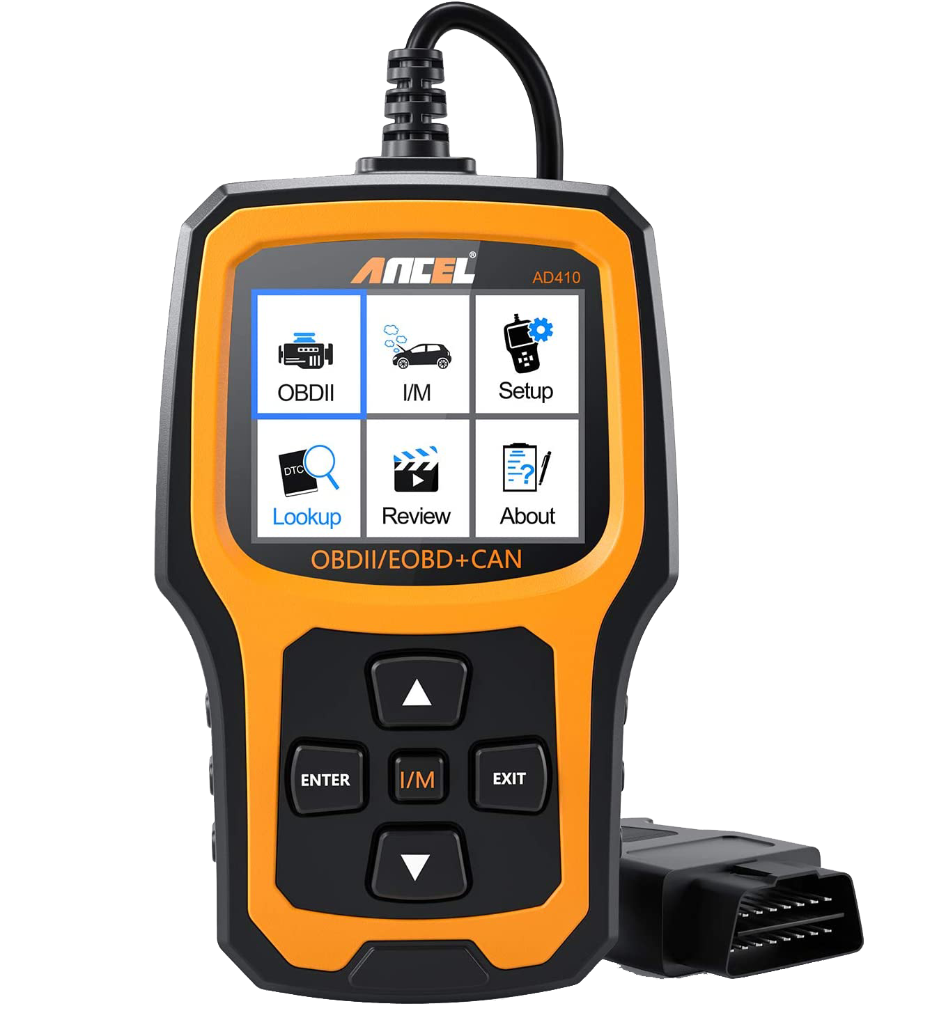 orange Vehicle Code Reader device with an LED display at the top and buttons on the bottom.