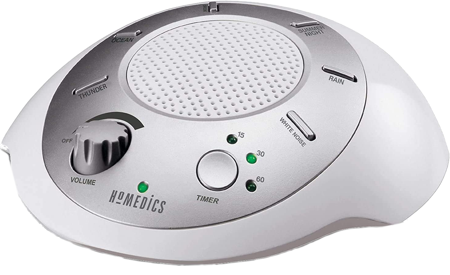 A circular device the size of a mug with a small speaker in the center and setting buttons and dials around it.