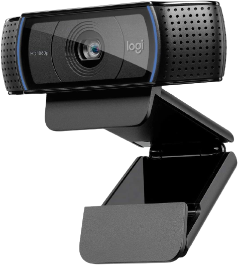 Black webcam with "logi" written on one side, "HD 1080p" on the other.
