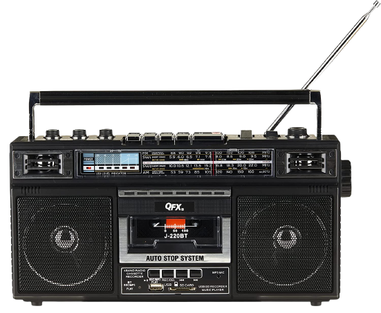 Rectangular black boombox with buttons on the top, two circular stereos on the side and a cassette tape deck in the center.
