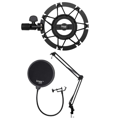 A Knox Gear boom arm, a shock mount, and a pop filter for a USB microphone.