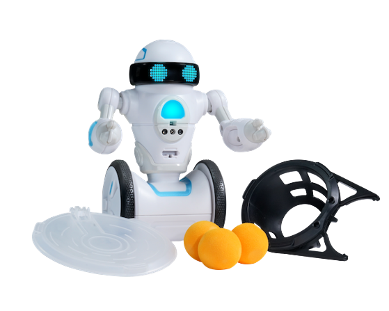 A futuristic white robot with neon aqua eyes and chest light. Accompanying accessories are displayed around it: a plate, and a little ball hoop and orange balls.