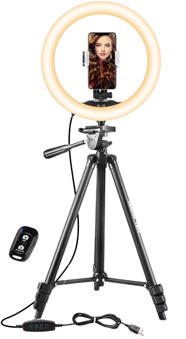 Ring light mounted on a tripod with a cell phone stand centered in the middle of it.