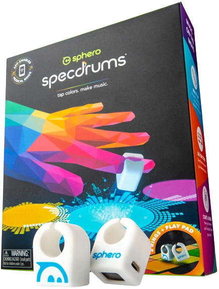 Colorful box packaging with the sphero specdrum finger rings in the foreground.