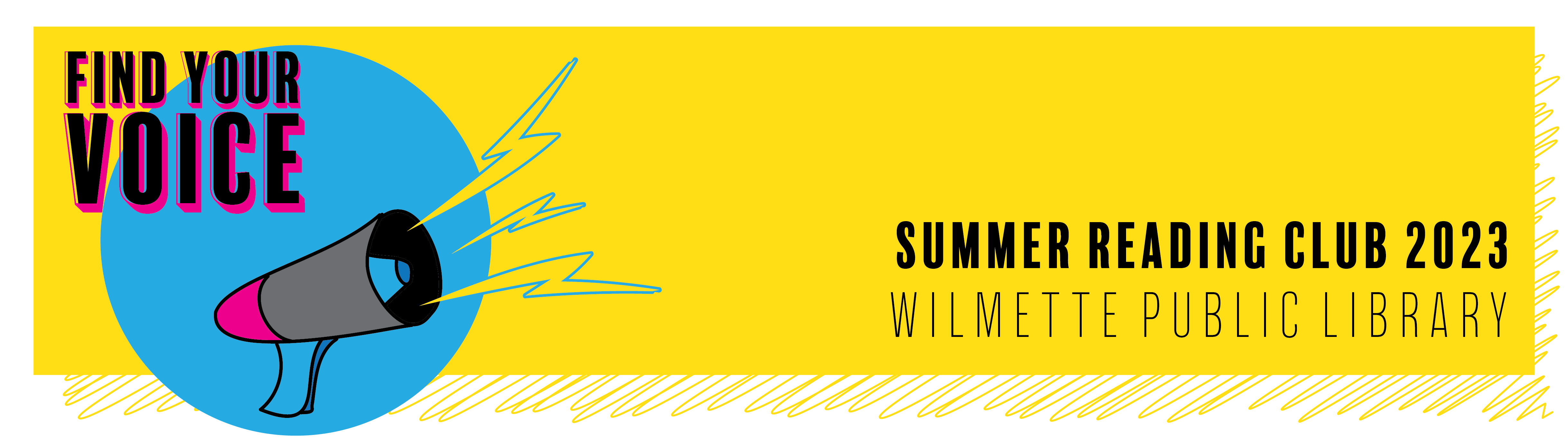 Yellow Summer Reading Club 2023 header with a megaphone graphic. 
