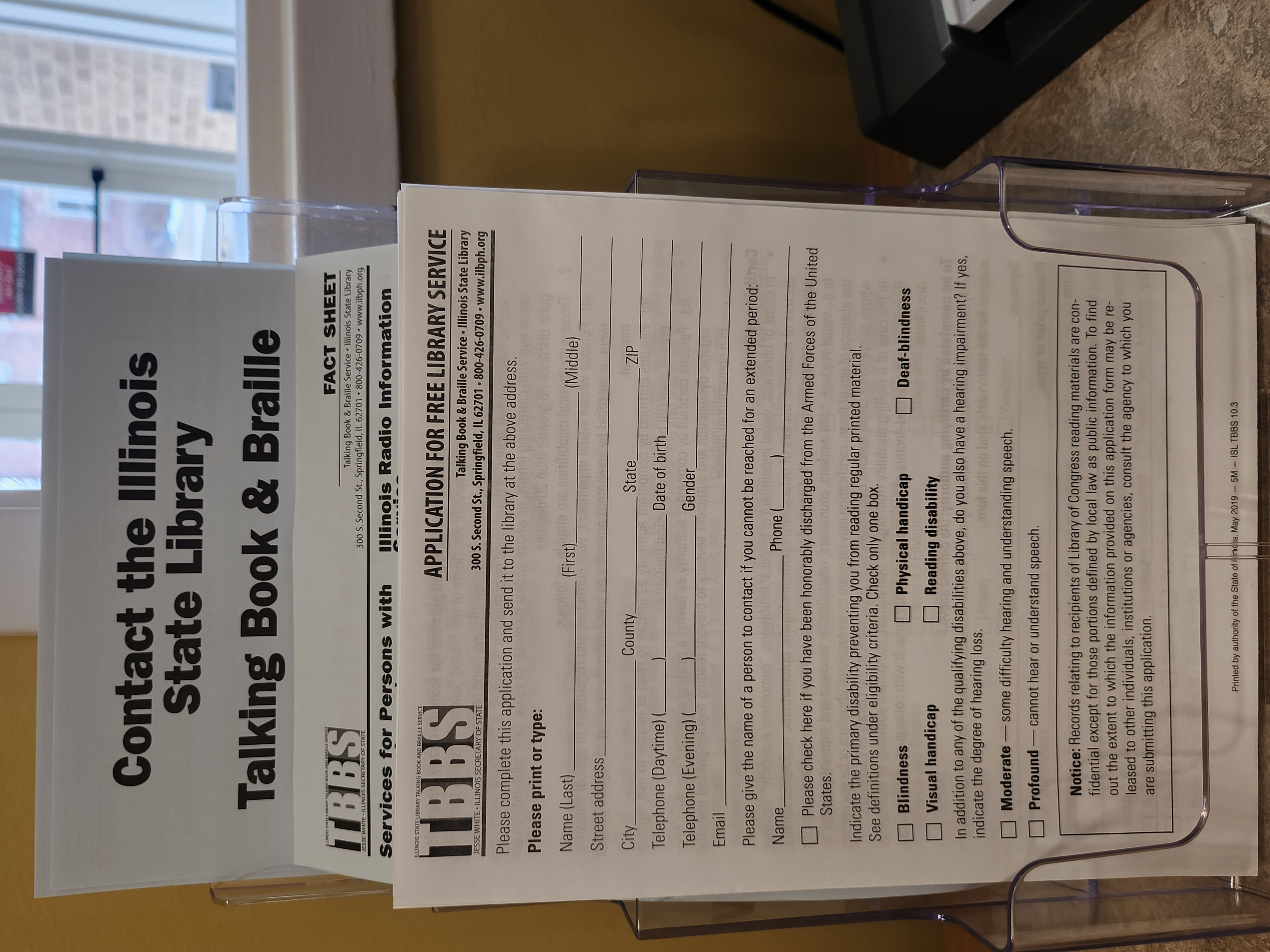 Image of forms for the Illinois Talking Book Library service