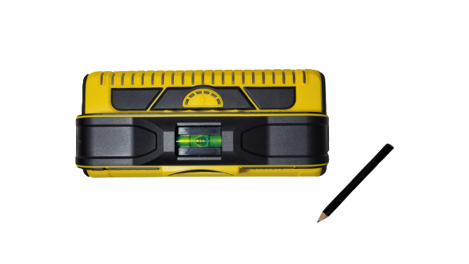 A yellow handheld studfinder with a level tool in the center and a small pencil placed next to it
