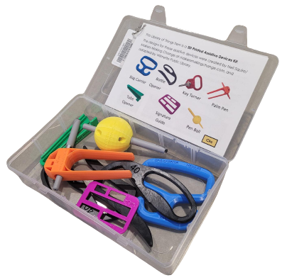 A clear white container holding 7 different multicolored assistive tools with a guide leaning against the top