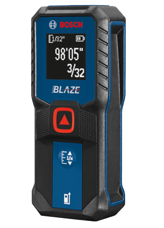 A black and teal Bosch laser measurer standing upright with a display screen and red arrow button.