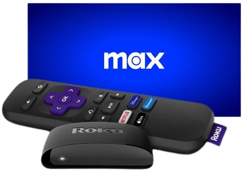 Roku remote and reception station with the HBO Max square logo behind it.