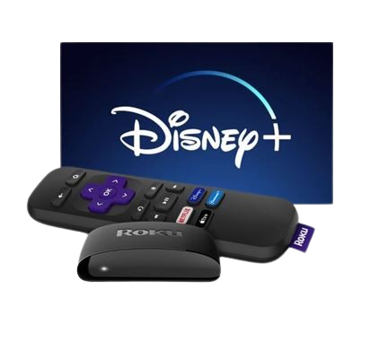 A Roku Express device with remote, and the Disney+ logo behind it