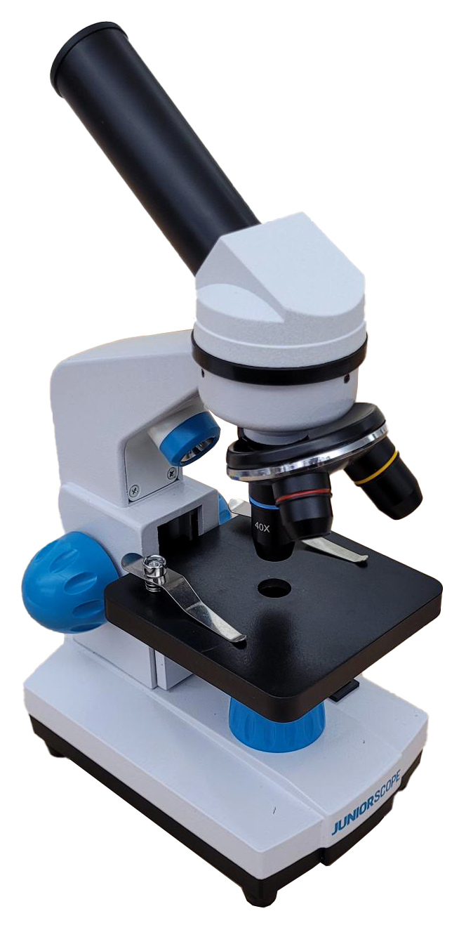 A 3/4 view of an Omano Juniorscope microscope. It has a white body, black stage and eyepiece, and bright blue focus knobs. 