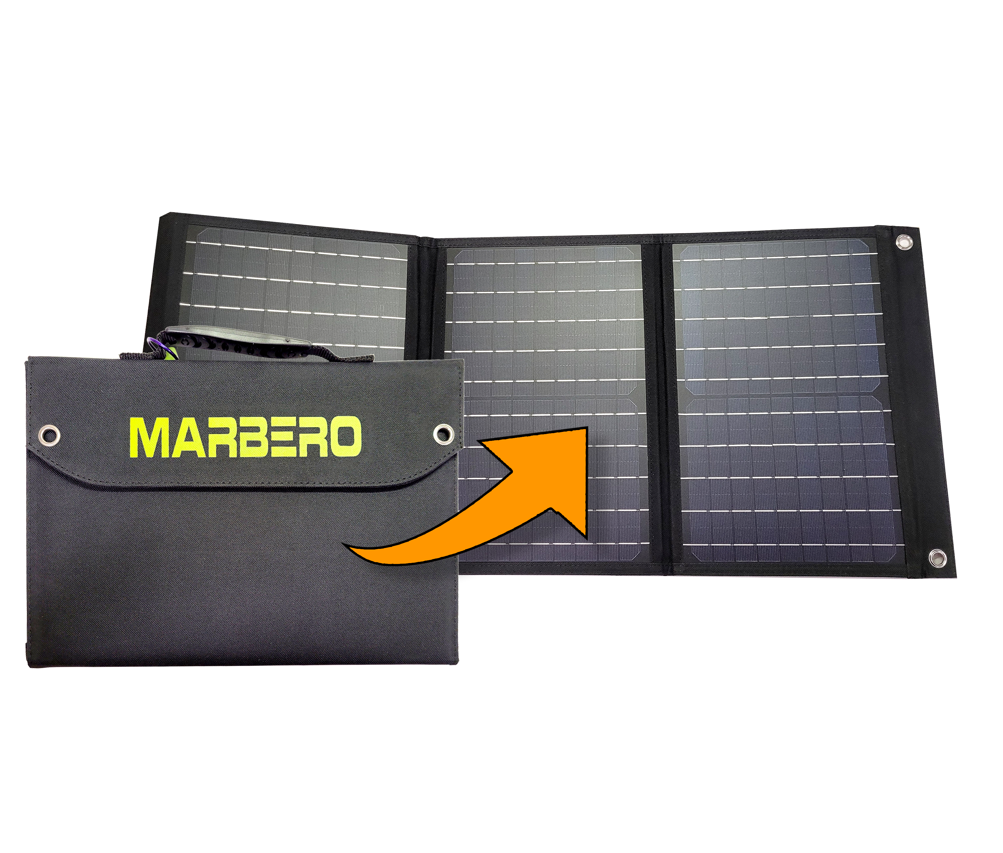 A flat rectangular black solar panel folded up to resemble a briefcase, with the brand 'MARBERO' printed on it in neon green, with an orange arrow pointing towards an unfolded, three-paneled solar array.