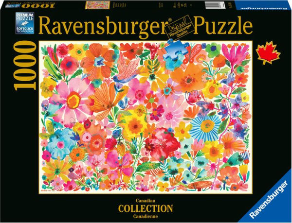 Photo of the box for a 1000-piece jigsaw puzzle. It shows a black frame with the words Ravensburger Puzzle at the top. The center of the image is a picture of the puzzle, which shows colorful watercolor flowers. 