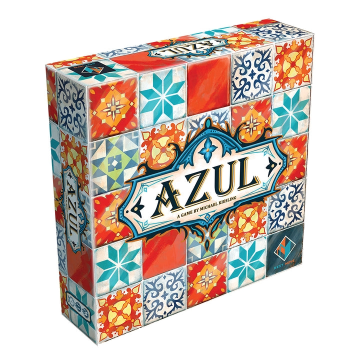 The box art for the board game Azul. Azul is written in the center of the box in stylized font and on a plate with blue embellishments. Surrounding the plate are squares of decorated tiles in bright oranges, yellows, teals, and blacks.  
