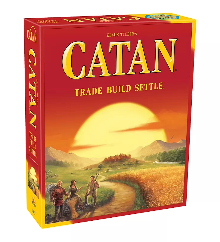 Board game box with an illustration of the setting sun over a prairie with mountains in the distance, people in the foreground. The word "Catan" is yellow at the top with the subtitle "Trade, Build, Settle."