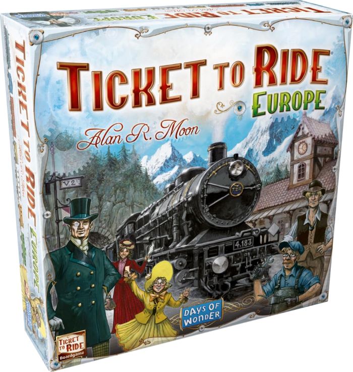 Box for the game Ticket to Ride: Europe, showing a steam engine on a train platform below the game's title.
