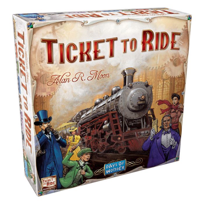 Box for the game Ticket to Ride, showing a steam engine on a train platform below the game's title.