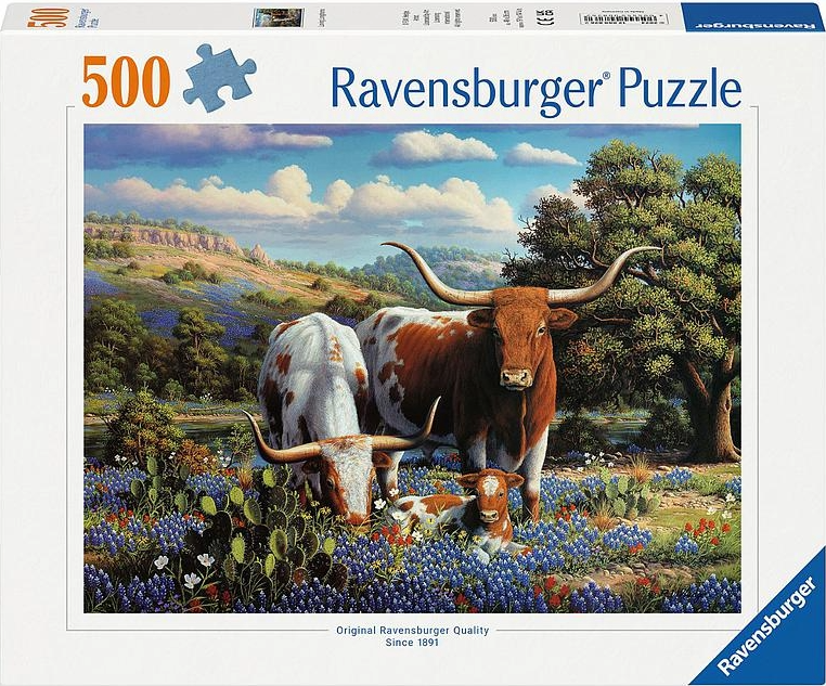 Box for the 500-piece Ravensburger puzzle Loving Longhorns. Pictured are two longhorn cattle in a field of bluebells.