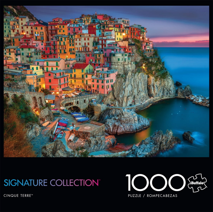 Box for the Cinque Terre 1000-piece jigsaw puzzle, with a photograph of Cinque Terre at dusk. 