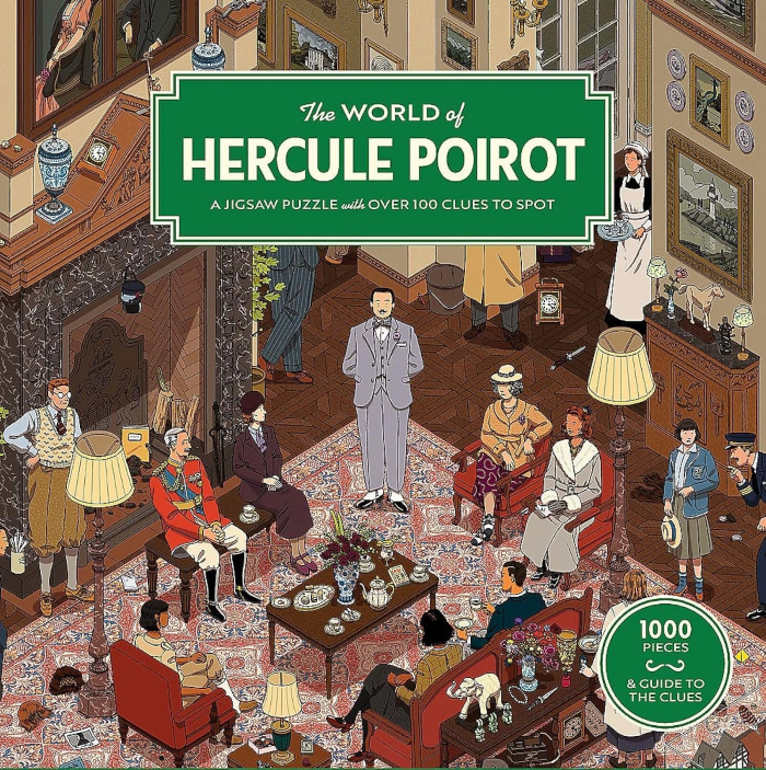 Cover art for jigsaw puzzle The World of Hercule Poirot, with an illustration of various Agatha Christie characters in a drawing room.