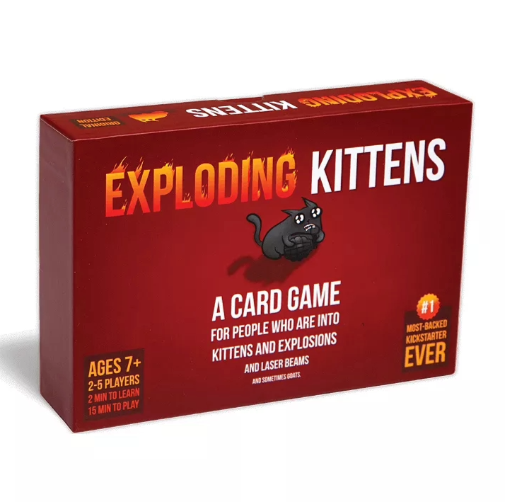 Box for the game Exploding Kittens. The title is written above a cartoon drawing of a black kitten.