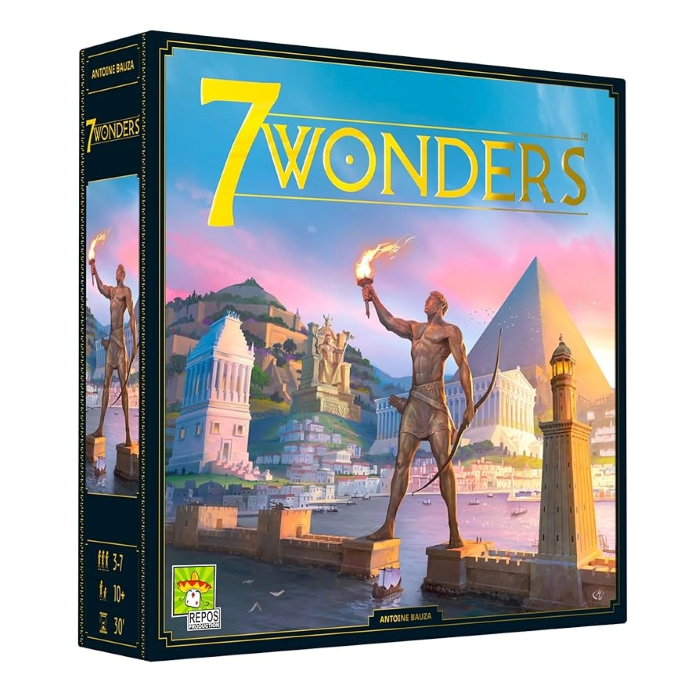 Box for the game 7 Wonders, which shows an illustration of several wonders of the ancient world.