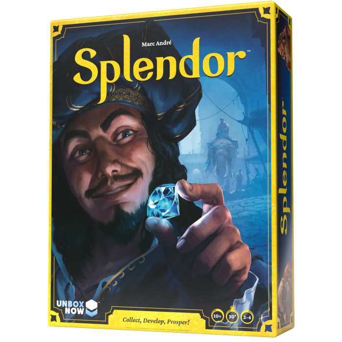 Box for the game Splendor, with an illustration of a man in Renaissance-era finery holding up a glowing gemstone.