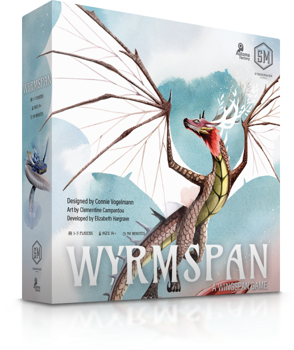 Box for the game Wyrmspan, showing a dragon with its wings spread above the title of the game. 