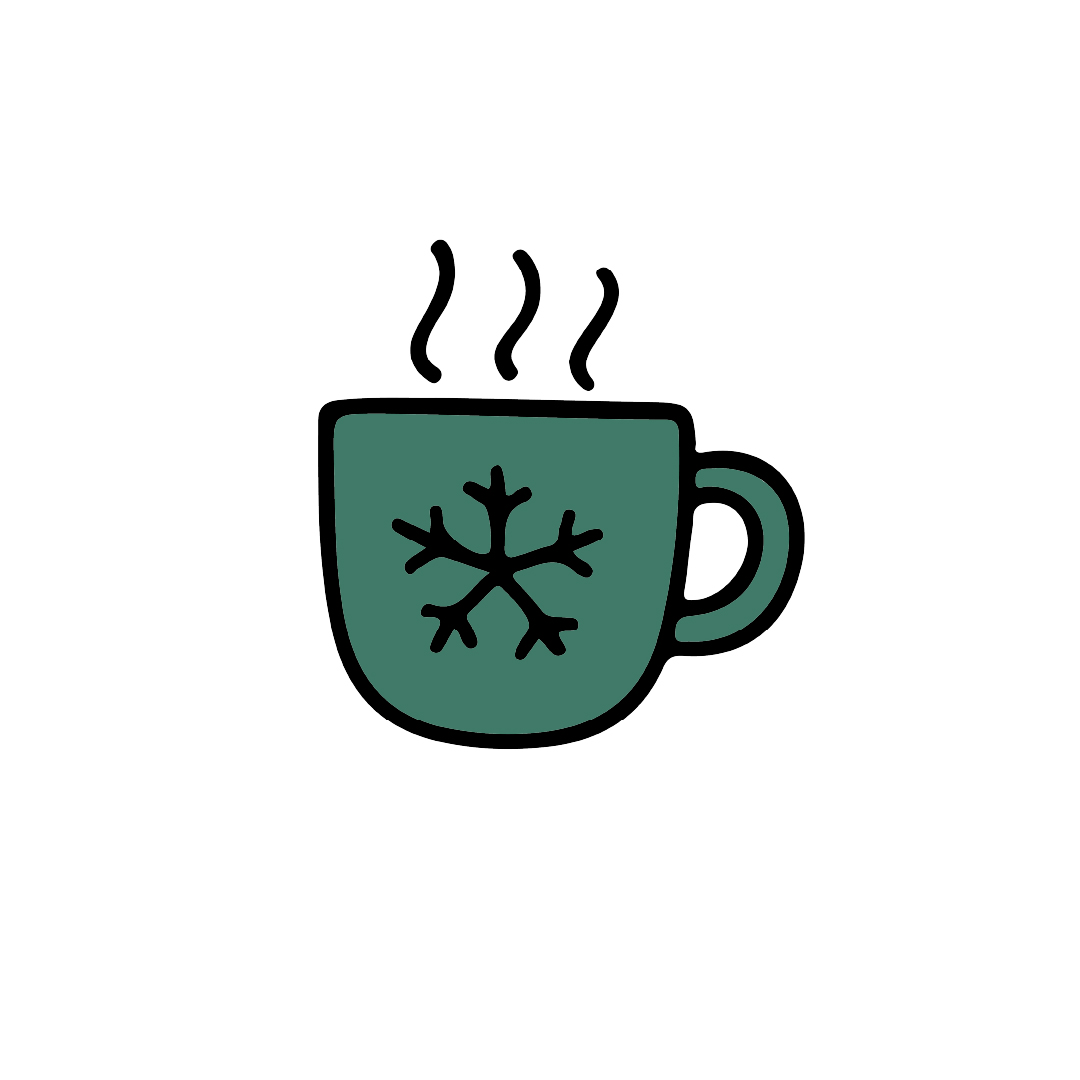 Illustrated steaming mug with a snowflake design on the front