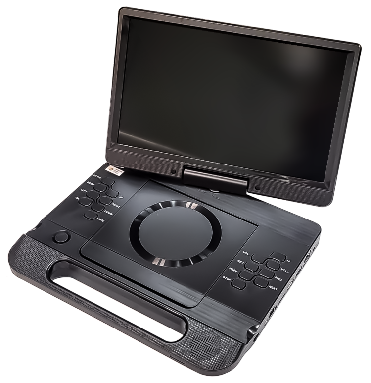 Photograph of a black plastic Blu-ray player with a swiveling screen.