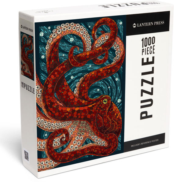 Box for a jigsaw puzzle, showing an image of a red mosaic-style octopus. 
