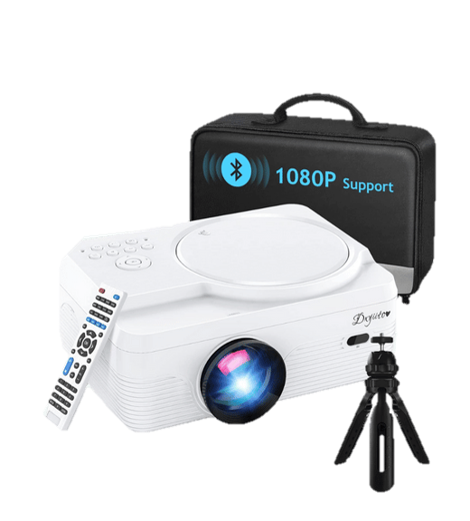 Photo of a video projector with tripod, remote, and case