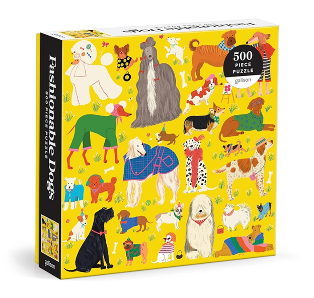 Jigsaw puzzle box for the Fashionable Dogs puzzle, showing dogs in chic outfits on a yellow background.
