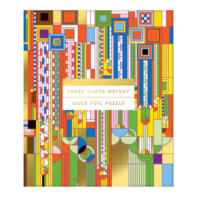 Box art for a jigsaw puzzle with a colorful Frank Lloyd Wright stained glass design.