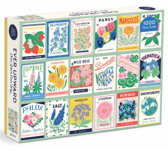 Jigsaw puzzle box showing 18 colorful illustrations of seed packets, arranged in a grid.