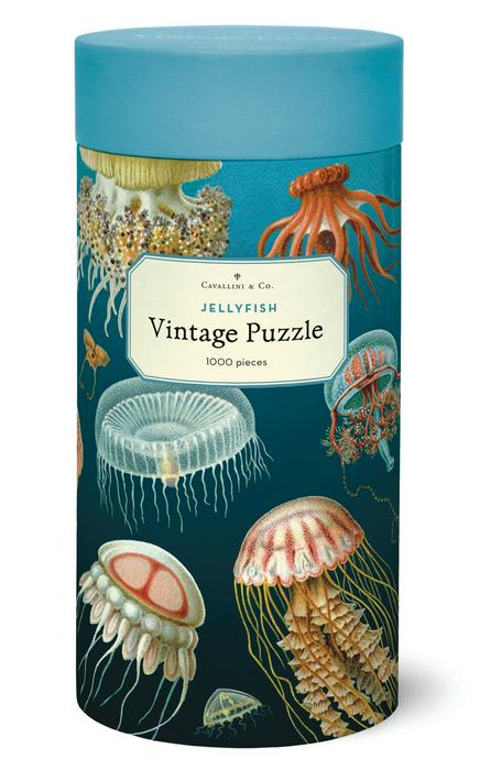 Cylindrical container for a jellyfish-themed jigsaw puzzle. 