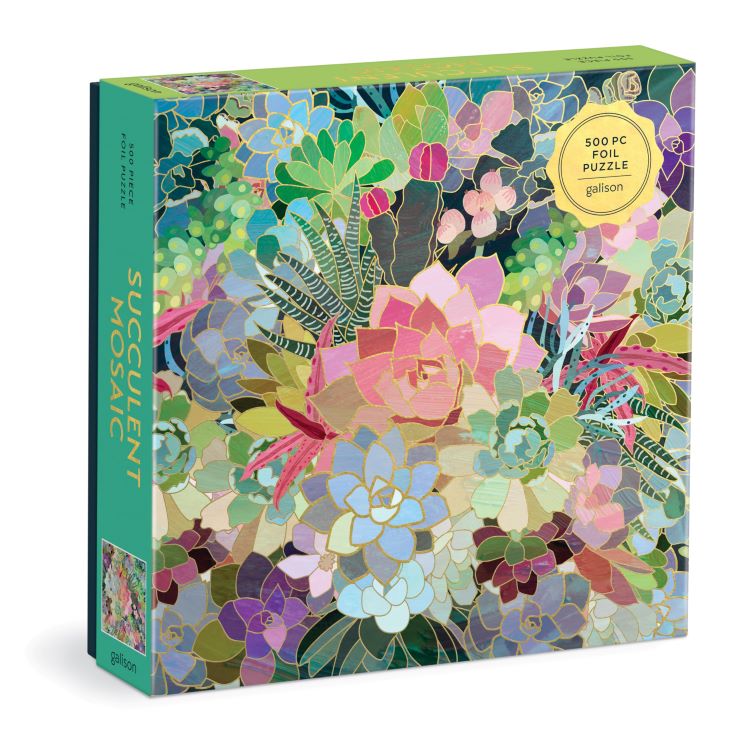 Box for the jigsaw puzzle Succulent Mosaic, showing colorful illustrated succulents