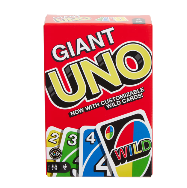 Photo of the box for Giant Uno, showing the name of the game above four Uno cards.