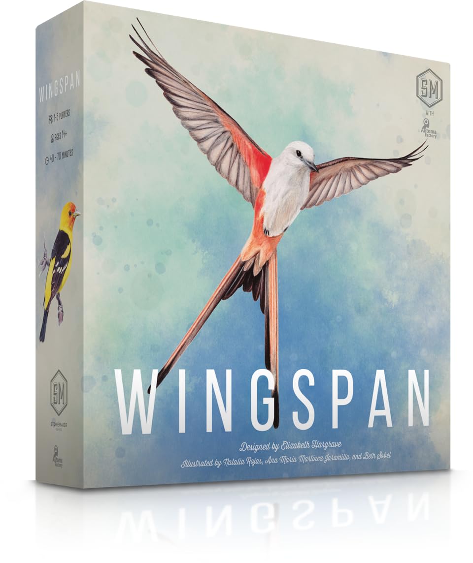 Board game box art for the game Wingspan, showing a bird in flight against a blue background along with the game's title.