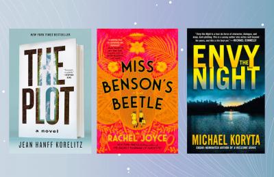 Three book covers on an abstract background.