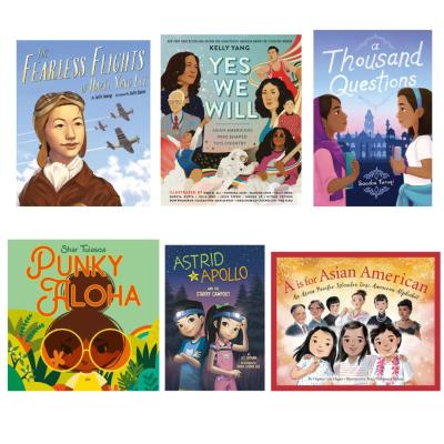 six book covers with Asian American people 