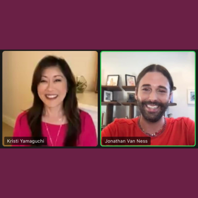 Screenshot of Jonathan Van Ness and Kristi Yamaguchi on Zoom on a purple background