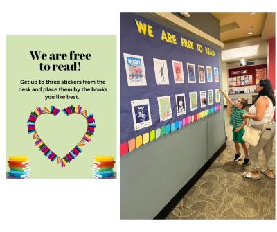 caregiver and kid interact with freedom to read bulletin board 